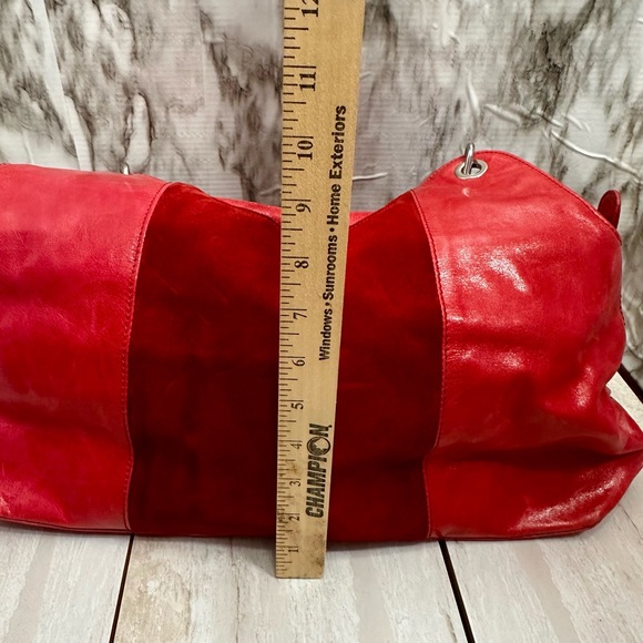 Plinio Visona Vibrant Pink Leather Shoulder Bag Red Suede Panel Large Hobo - Picture 12 of 16